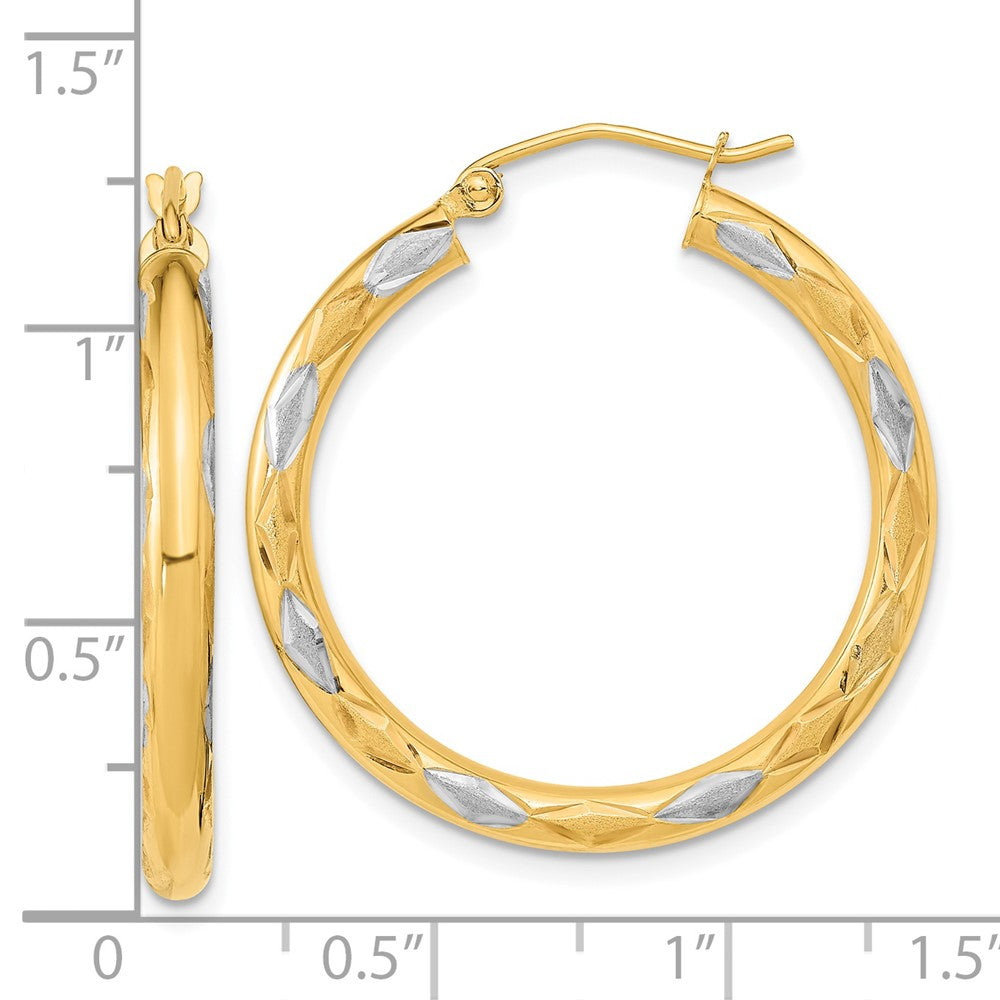 14k Yellow & Rhodium 30.05 mm Polished Satin and Diamond-cut Hoop Earrings (2.75 grams)