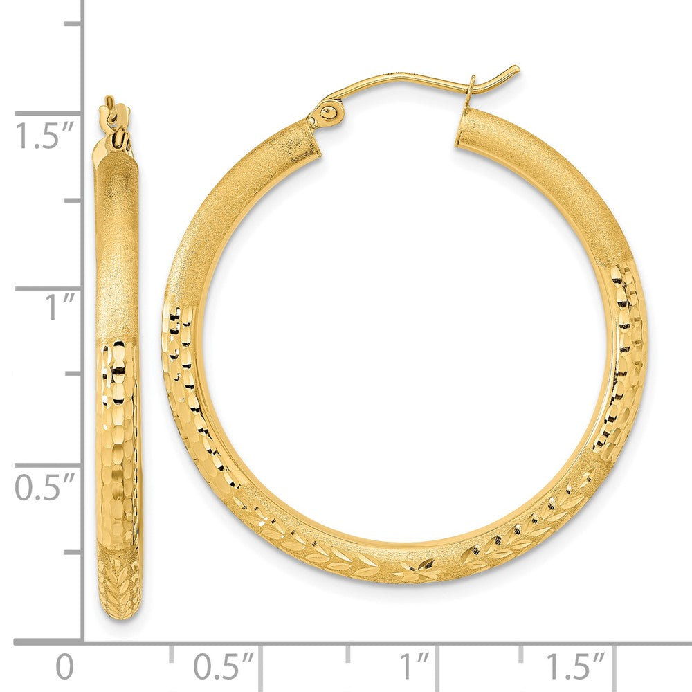14k Yellow Gold 35.1 mm Polished Satin and Diamond-cut Hoop Earrings (2.64 grams)