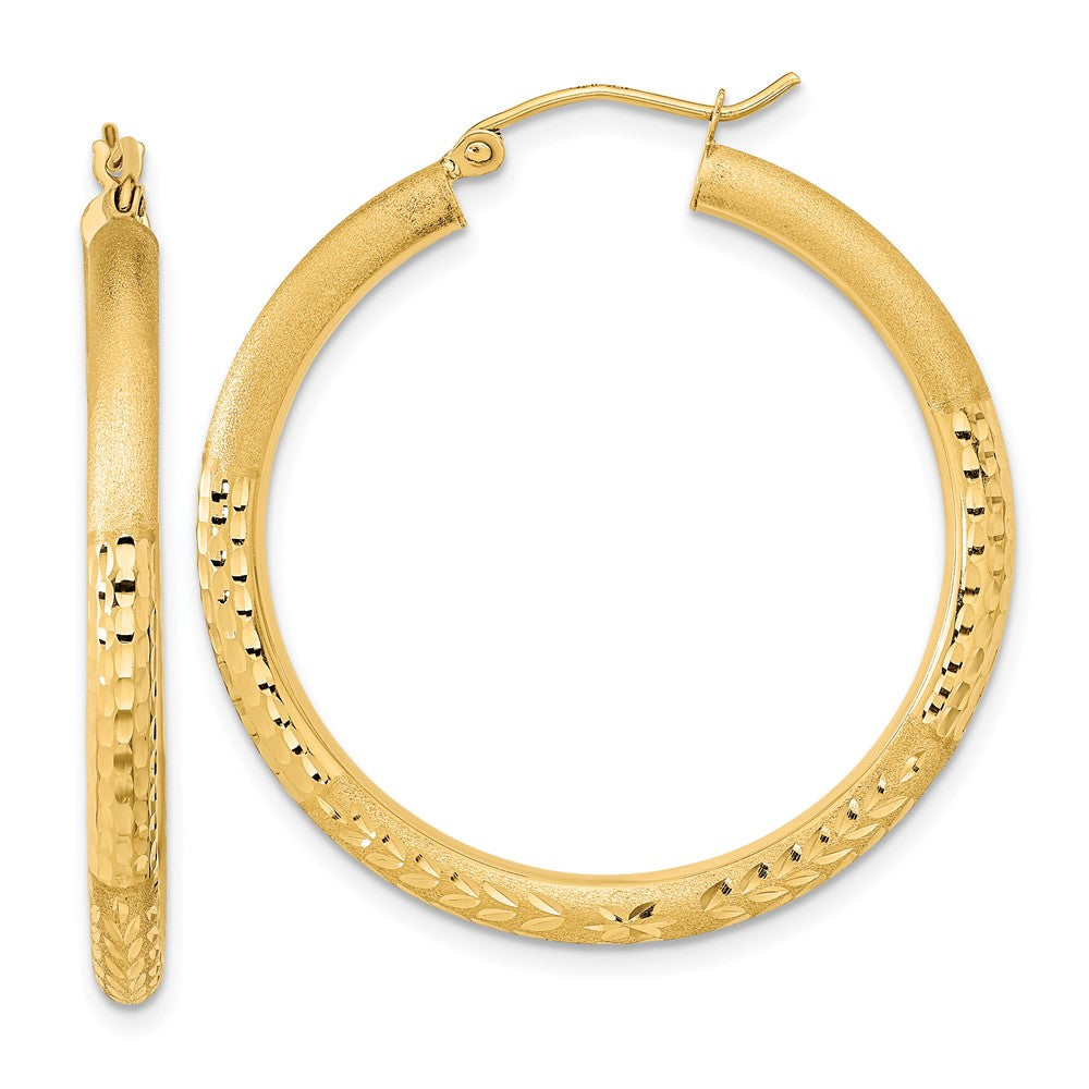 14k Yellow Gold 35.1 mm Polished Satin and Diamond-cut Hoop Earrings (2.64 grams)
