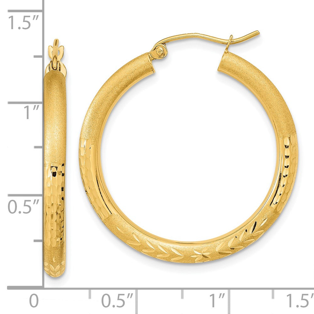 14k Yellow Gold 30.58 mm Polished Satin and Diamond-cut Hoop Earrings (2.28 grams)