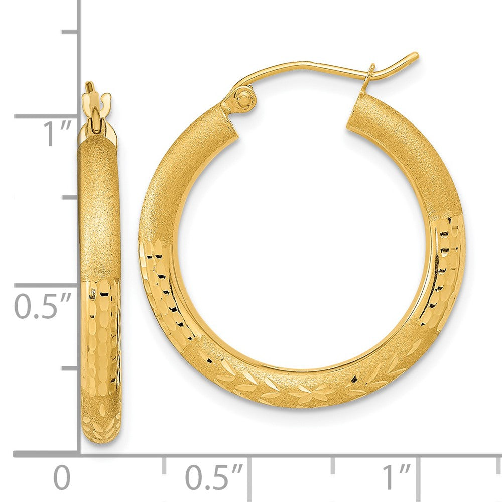 14k Yellow Gold 24.81 mm Polished Satin and Diamond-cut Hoop Earringss (1.85 grams)