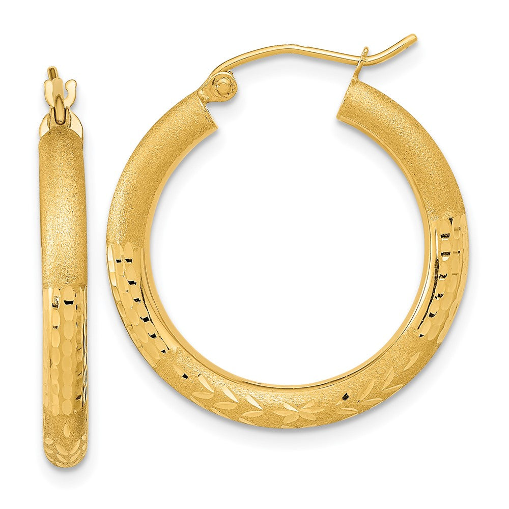 14k Yellow Gold 24.81 mm Polished Satin and Diamond-cut Hoop Earringss (1.85 grams)