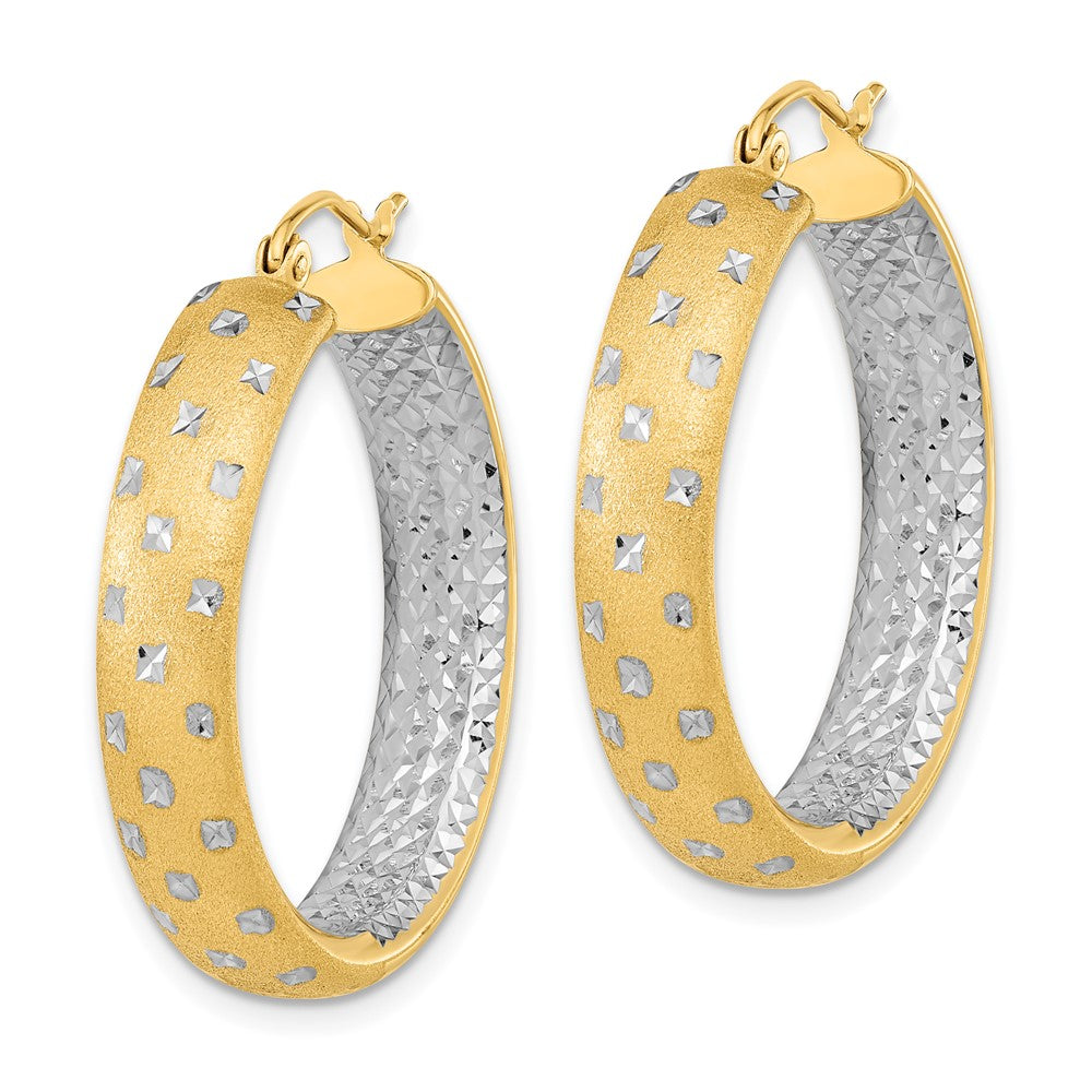 14k Yellow & Rhodium 29.25 mm Polished Satin Diamond-cut In/Out Hoop Earrings (3.87 grams)
