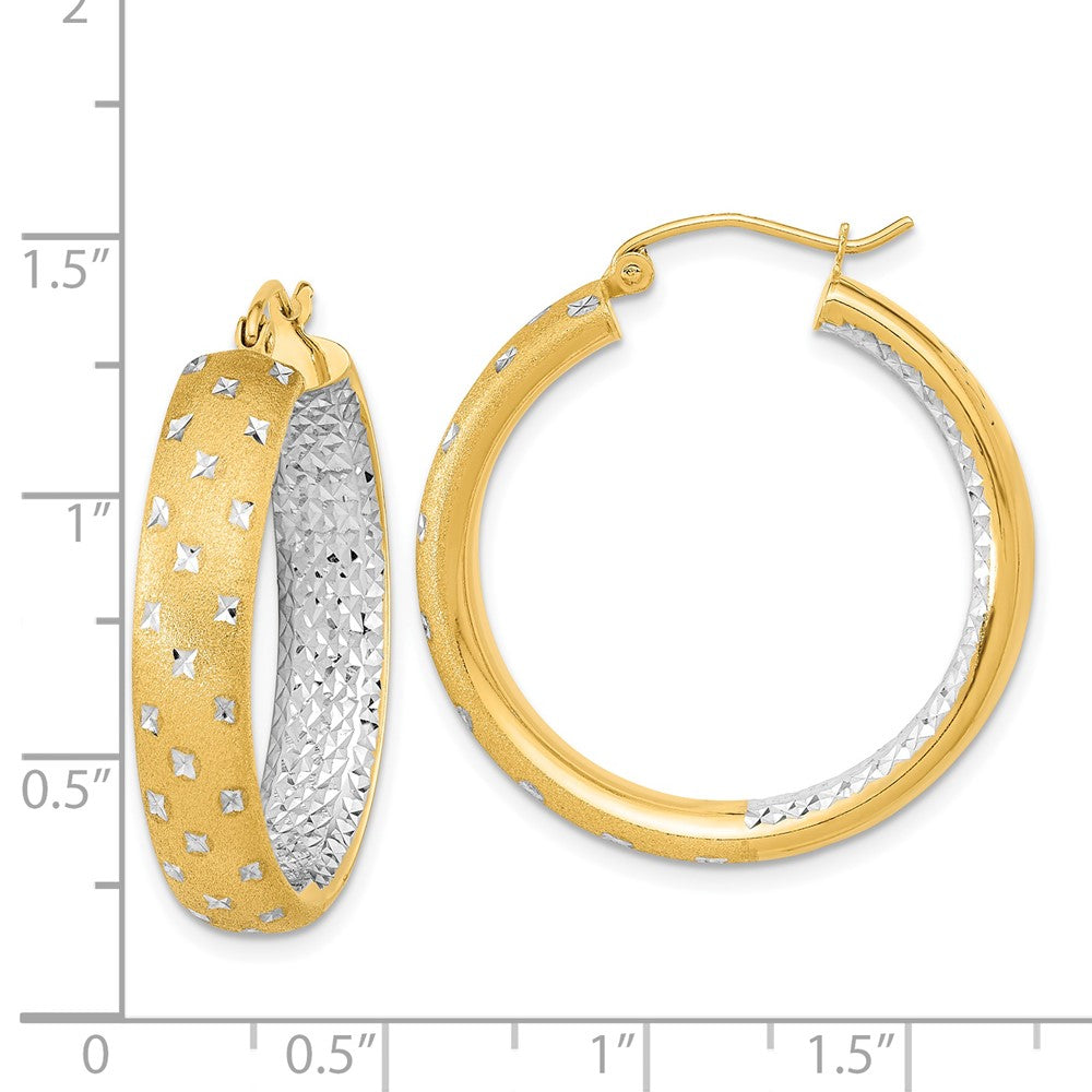 14k Yellow & Rhodium 29.25 mm Polished Satin Diamond-cut In/Out Hoop Earrings (3.87 grams)