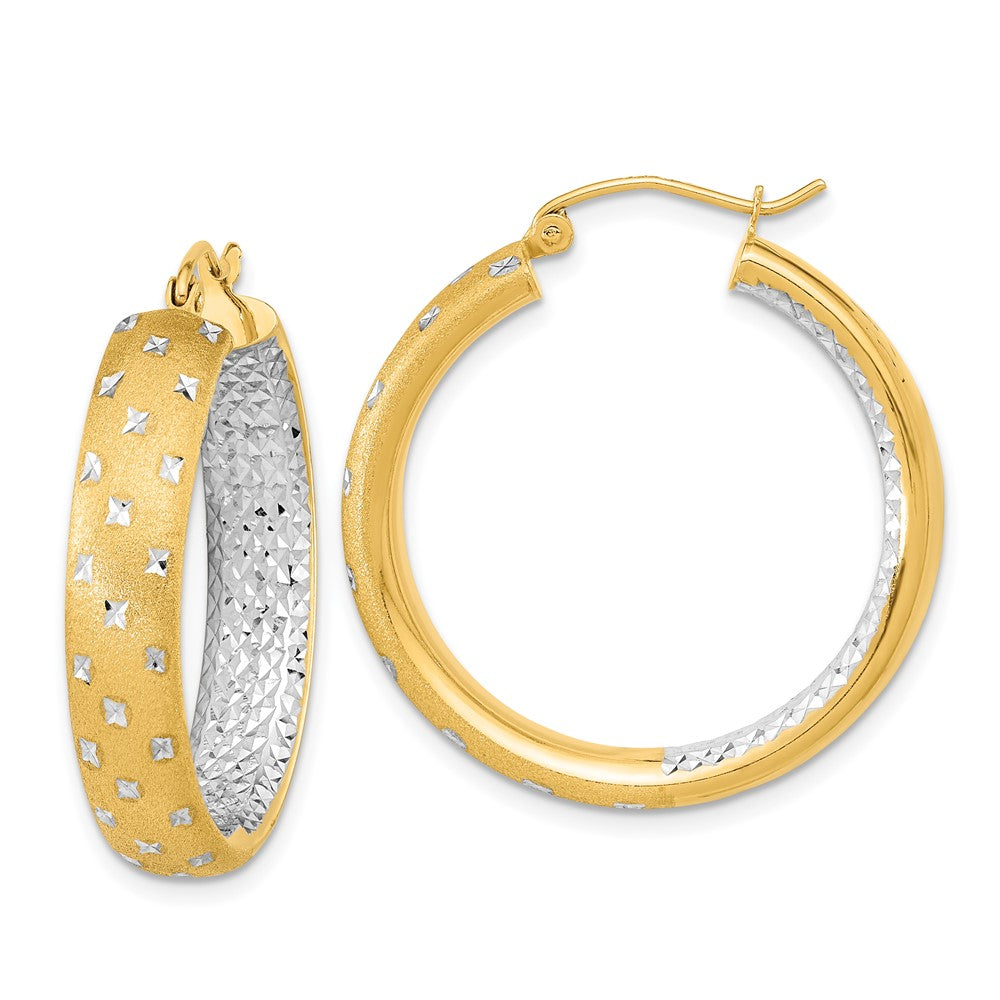 14k Yellow & Rhodium 29.25 mm Polished Satin Diamond-cut In/Out Hoop Earrings (3.87 grams)