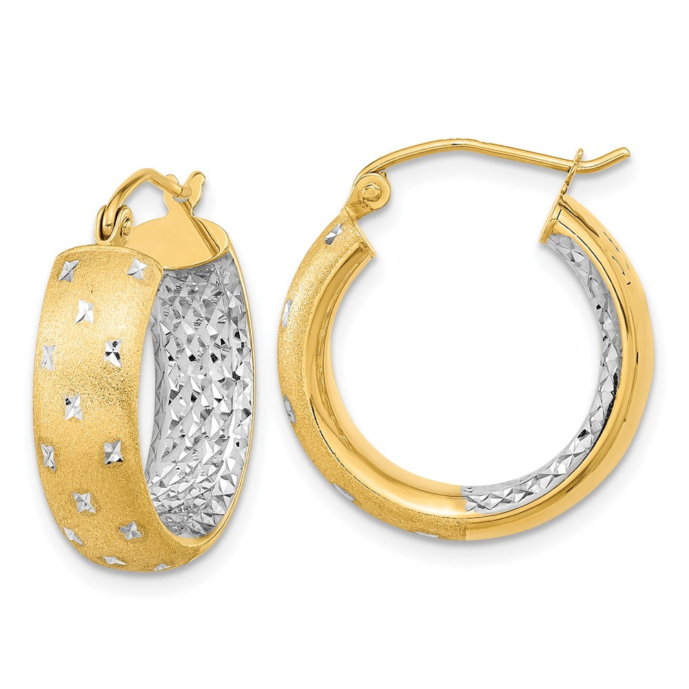 14k Yellow & Rhodium 19.4 mm Polished Satin Diamond-cut In/Out Hoop Earrings (2.39 grams)