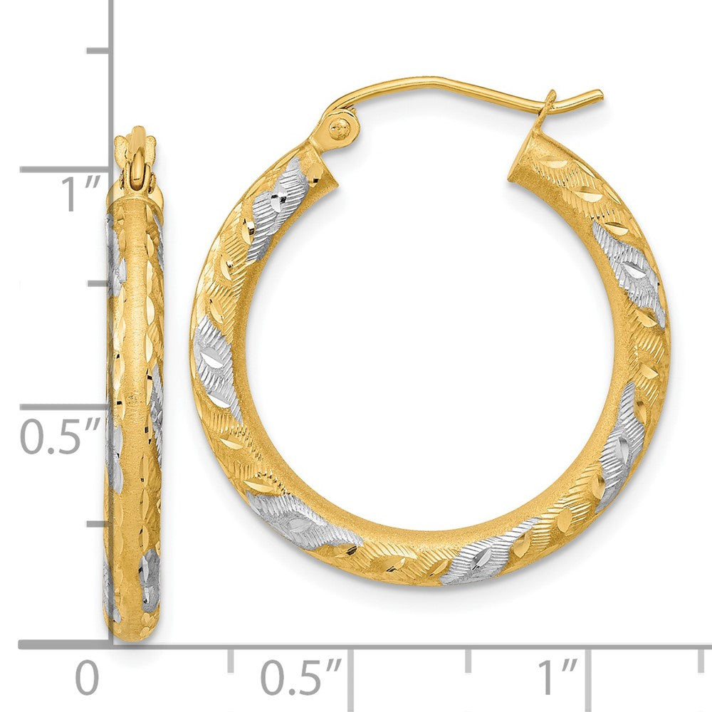 14k Yellow & Rhodium 25.02 mm Diamond-cut Satin Hoop Earrings (2.04 grams)