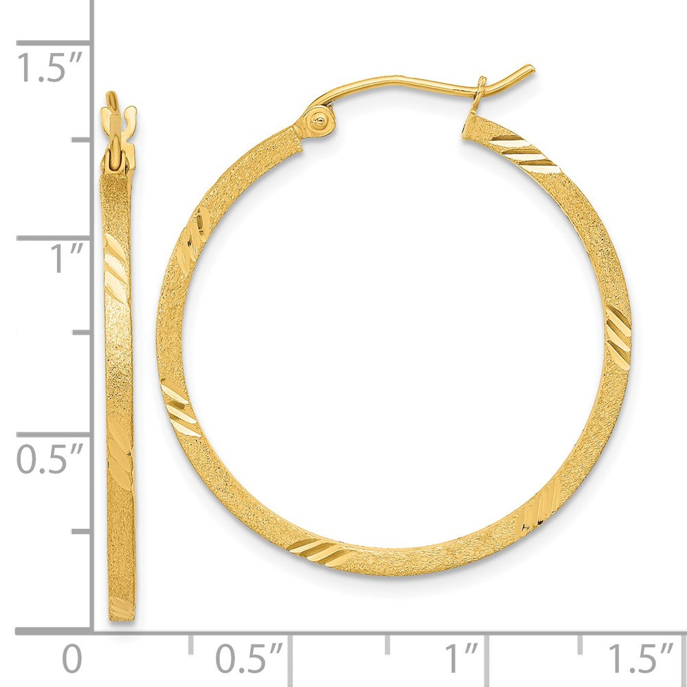 14k Yellow Gold 29.7 mm Satin Diamond-cut Square Tube Hoop Earrings (1.83 grams)