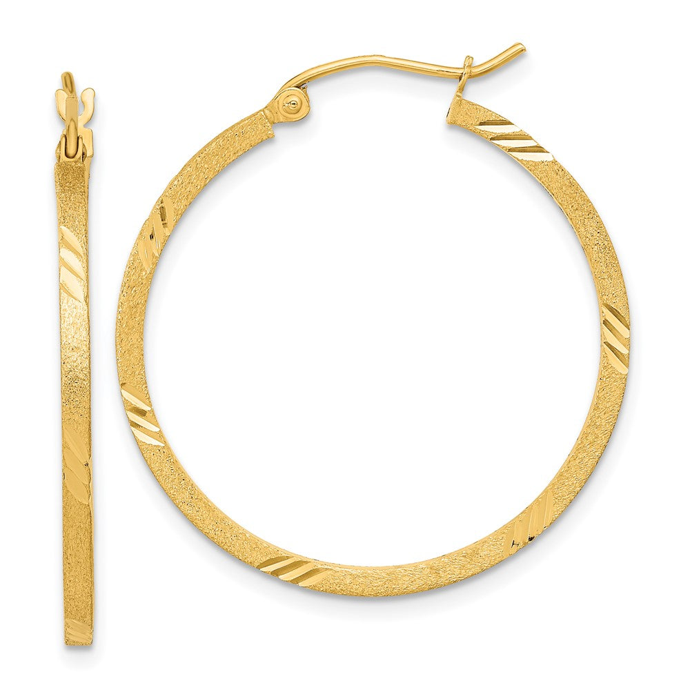 14k Yellow Gold 29.7 mm Satin Diamond-cut Square Tube Hoop Earrings (1.83 grams)