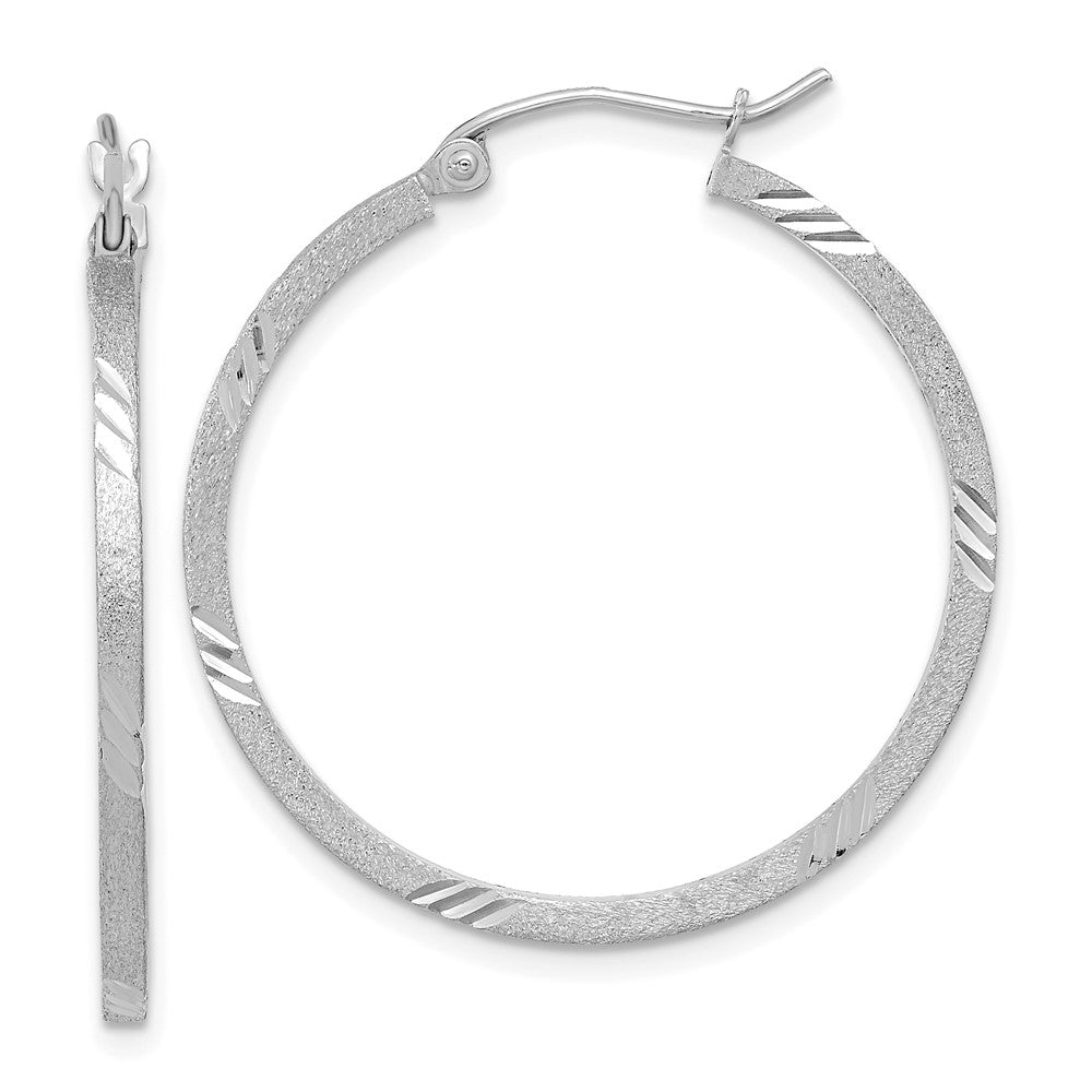 14k White Gold 29.7 mm Satin Diamond-cut Square Tube Hoop Earrings (1.99 grams)