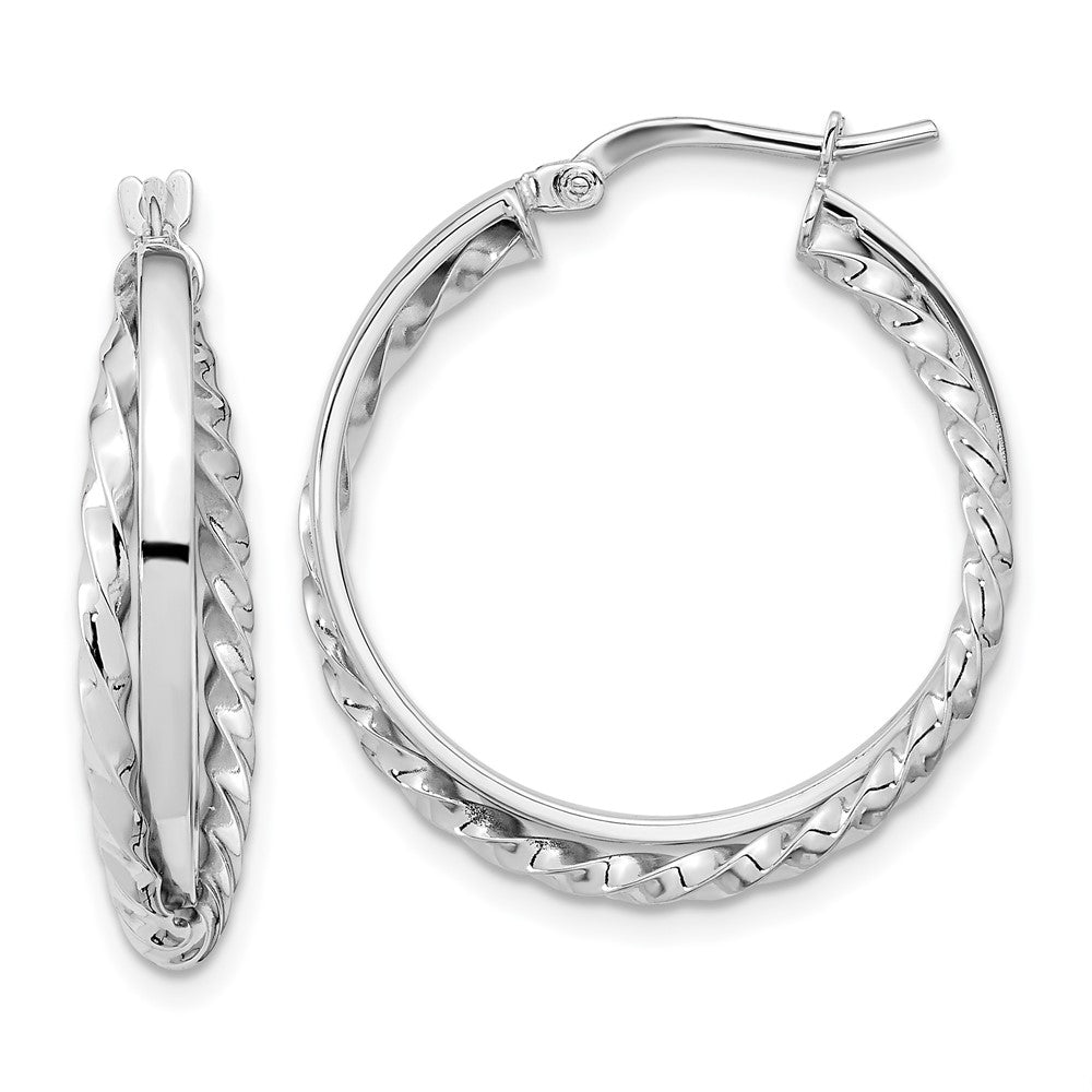 14k White Gold 34.5 mm Polished and Textured Hinged Hoop Earrings (2.5 grams)