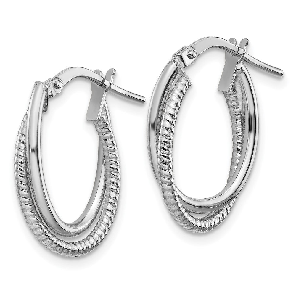 14k White Gold 13.25 mm Polished and Textured Double Oval Hoops (1.33 grams)
