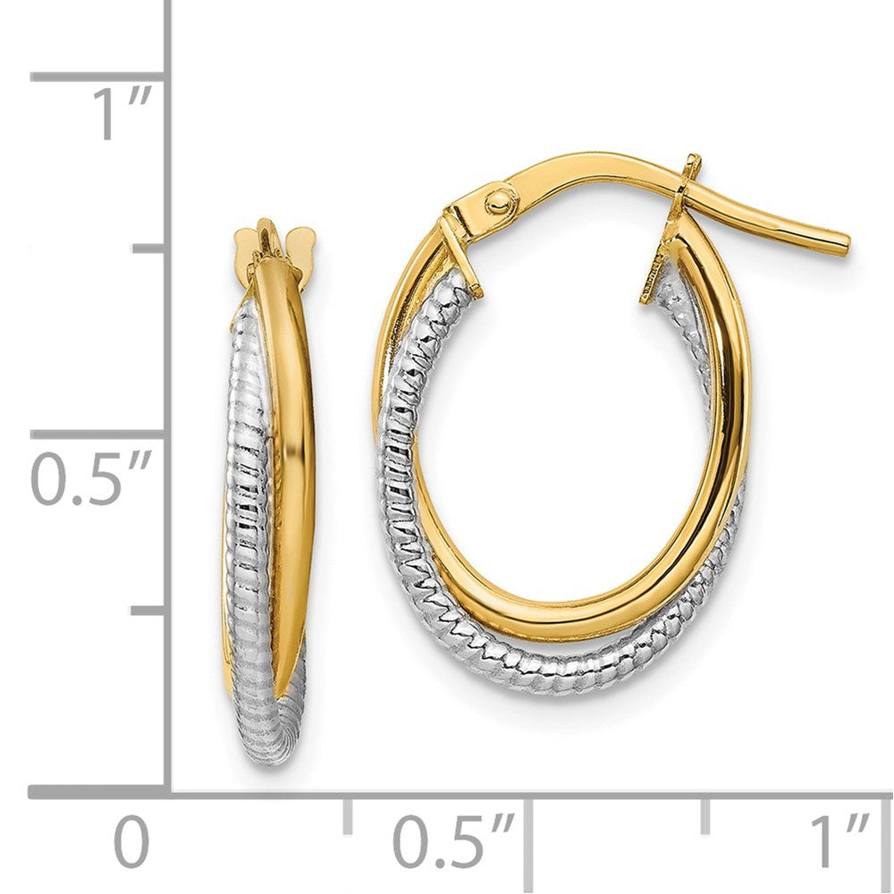14k Two-tone 13.25 mm Two-Tone Polished Textured Double Oval Hoops (1.28 grams)