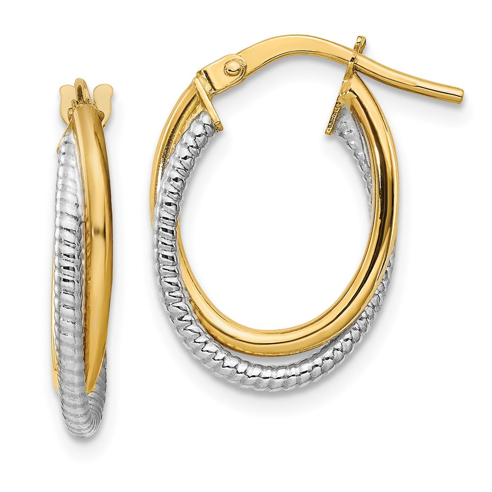 14k Two-tone 13.25 mm Two-Tone Polished Textured Double Oval Hoops (1.28 grams)