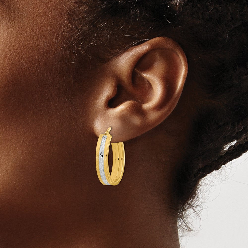 14k Yellow & Rhodium 17 mm Diamond-cut Polished and Satin Hoop Earrings (2.2 grams)