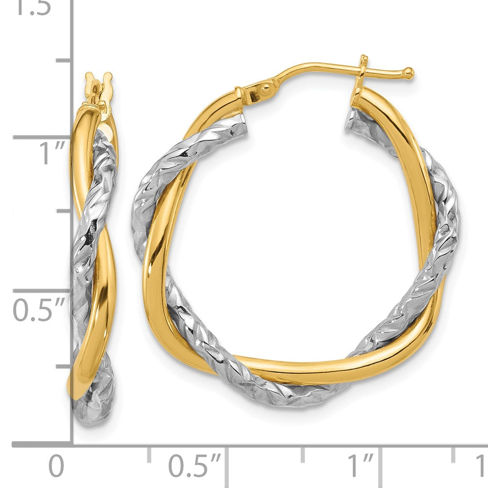 14k Two-tone 27.8 mm Polished and Textured Twisted Hoop Earrings (3.01 grams)