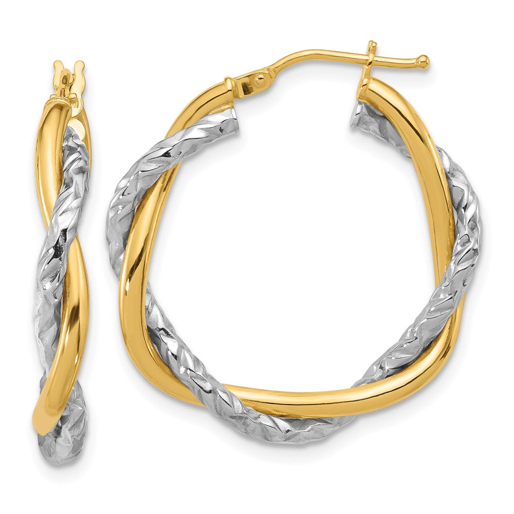 14k Two-tone 27.8 mm Polished and Textured Twisted Hoop Earrings (3.01 grams)