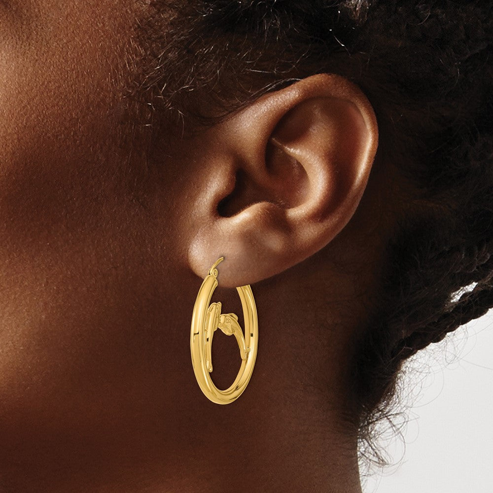 14k Yellow Gold 30.4 mm Polished Dolphins Hoop Earrings (3 grams)