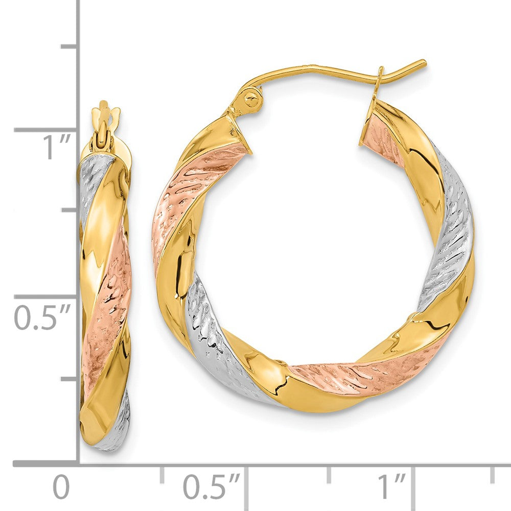 14k Yellow & Rhodium 24.8 mm Tri-color Polished & D/C Twist Hoop Earrings (2.65 grams)