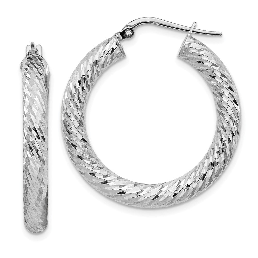14k White Gold 28.25 mm Diamond-cut Round Hoop Earrings (3.35 grams)