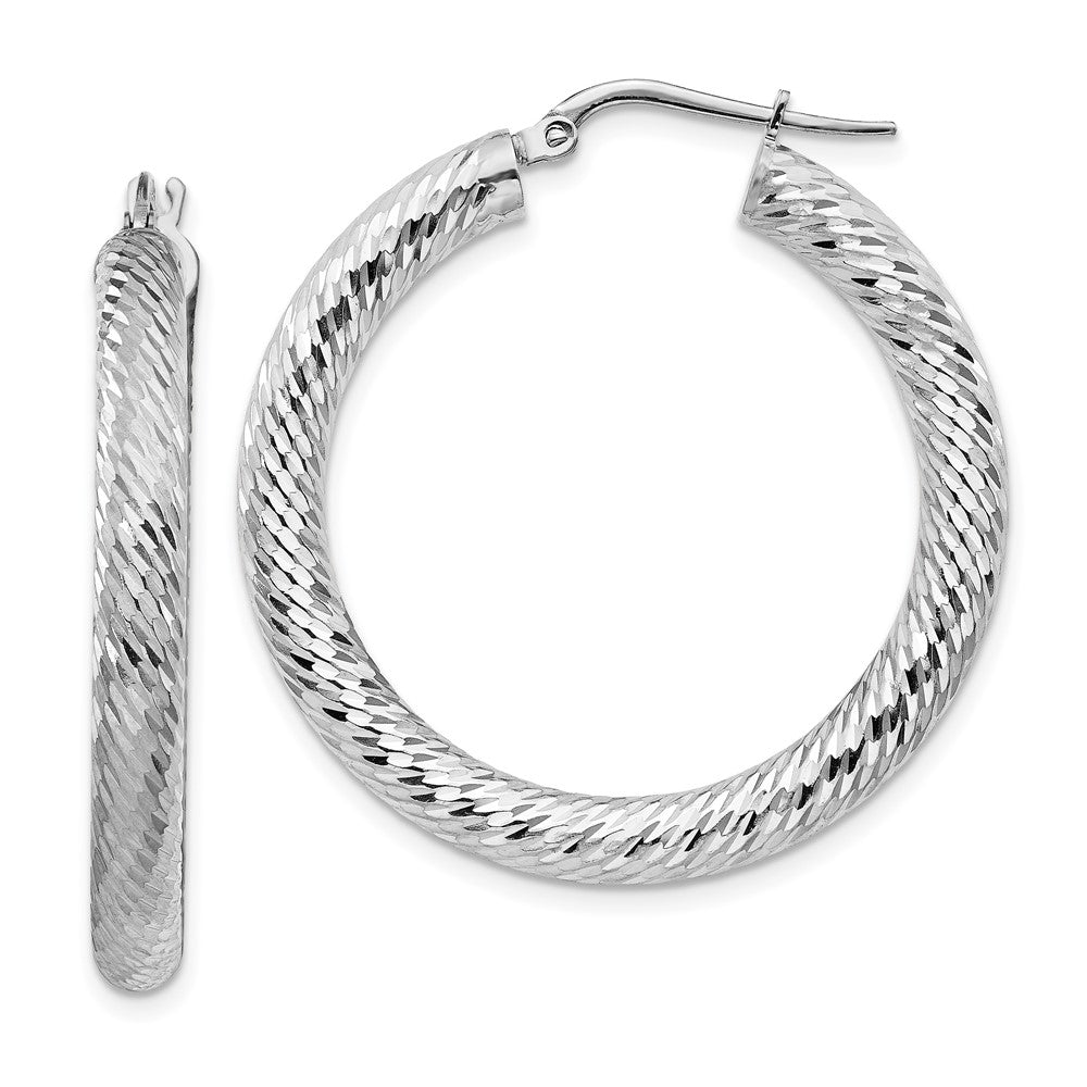 14k White Gold 34 mm Diamond-cut Round Hoop Earrings (3.59 grams)