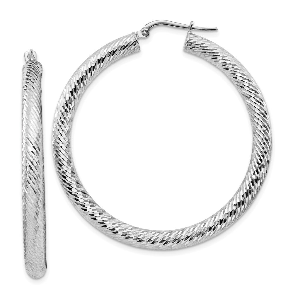 14k White Gold 45.5 mm Diamond-cut Round Hoop Earrings (4.85 grams)