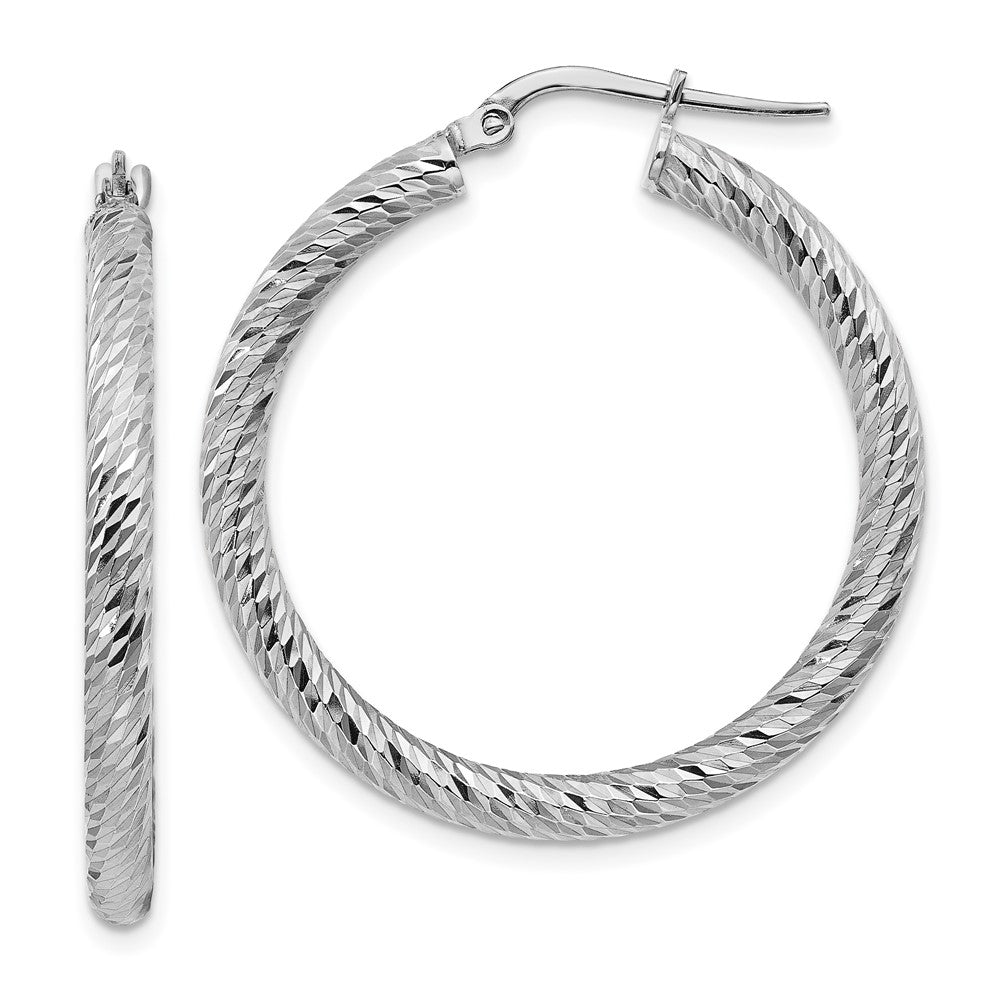 14k White Gold 32.25 mm Diamond-cut Round Hoop Earrings (2.65 grams)