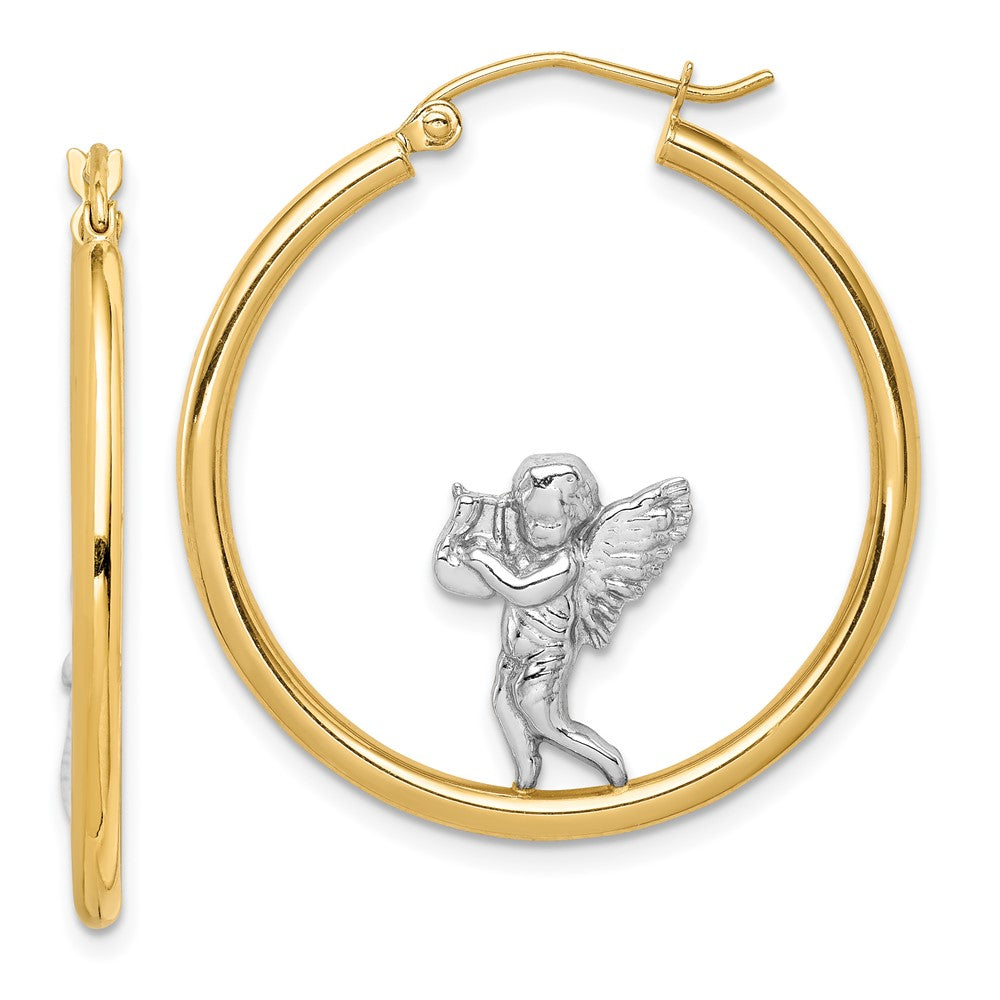 14k Yellow & Rhodium 29.15 mm Angel Hoop Earrings (2.11 grams)