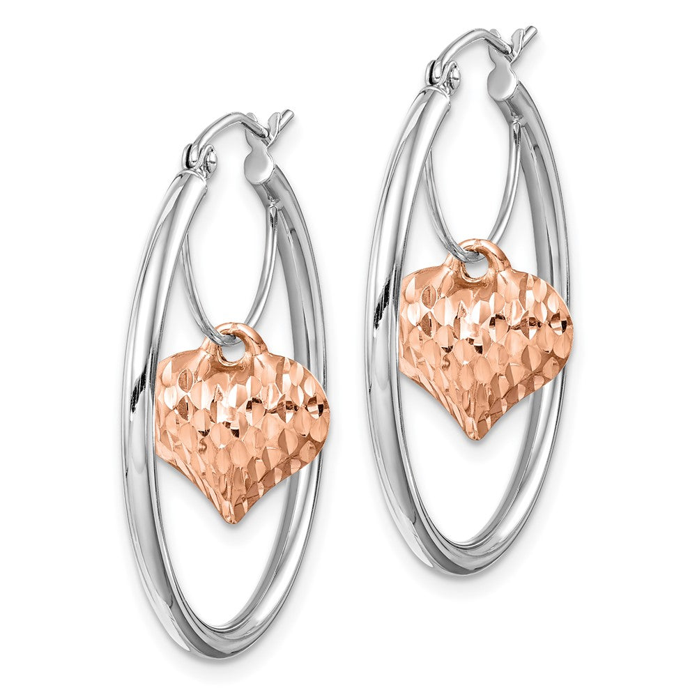 14k Two-tone 27.4 mm Rose and White D/C Heart Dangle Hoop Earrings (2.38 grams)