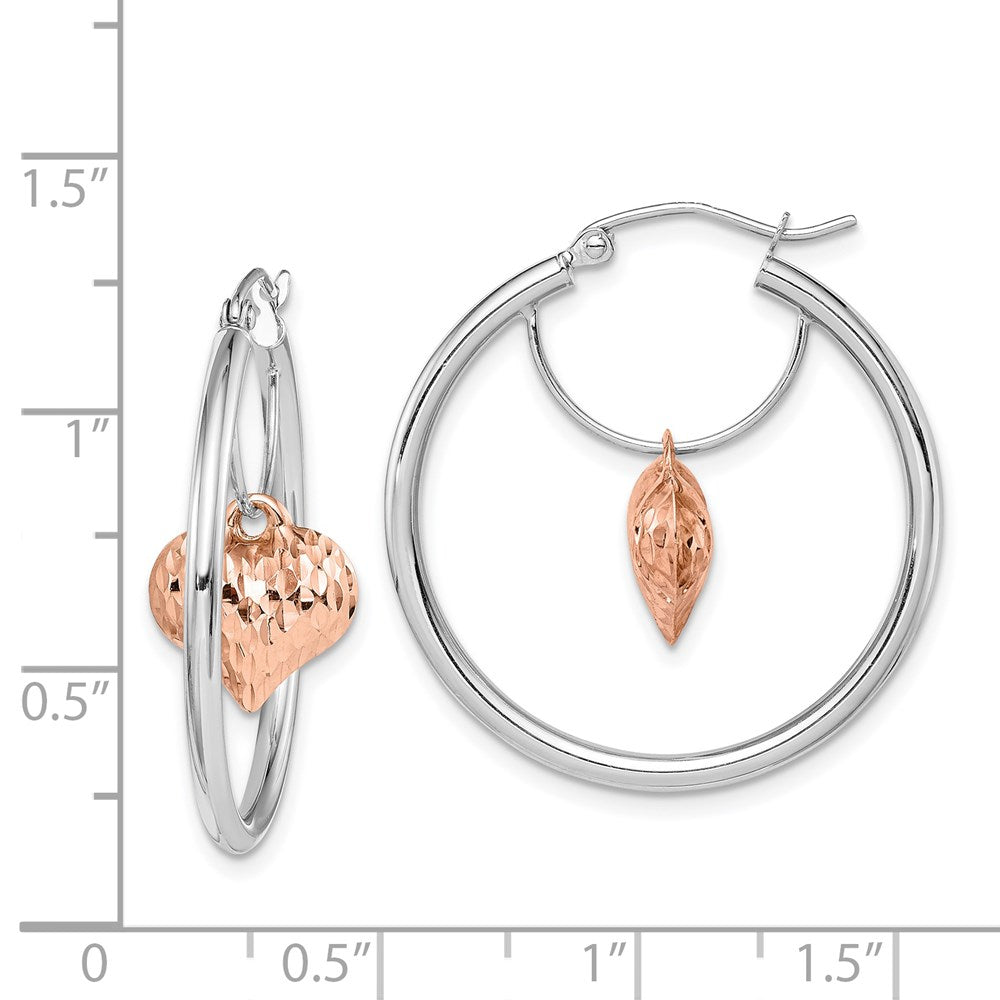 14k Two-tone 27.4 mm Rose and White D/C Heart Dangle Hoop Earrings (2.38 grams)