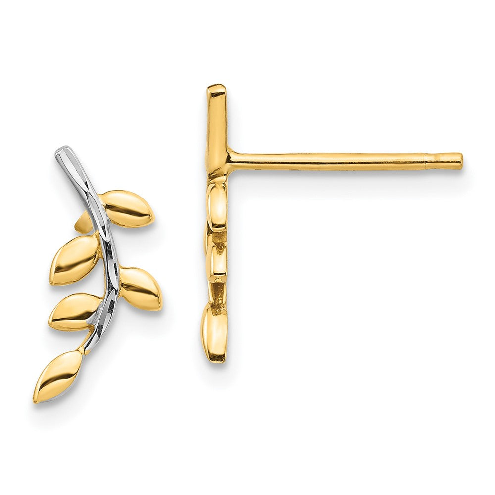 14k Yellow & Rhodium 5.4 mm Leaves Post Earrings (1.01 grams)