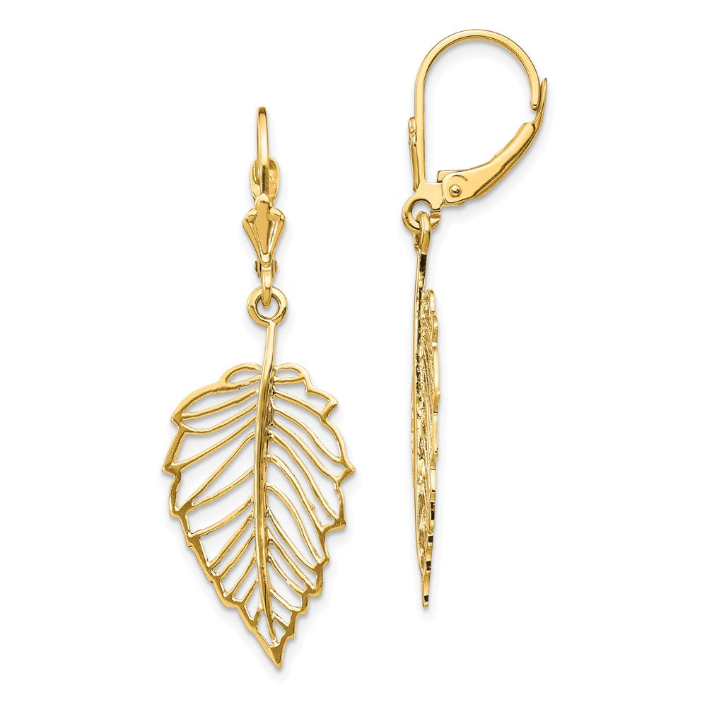 14k Yellow Gold 13.85 mm Polished Leaf Leverback Earrings (2.56 grams)