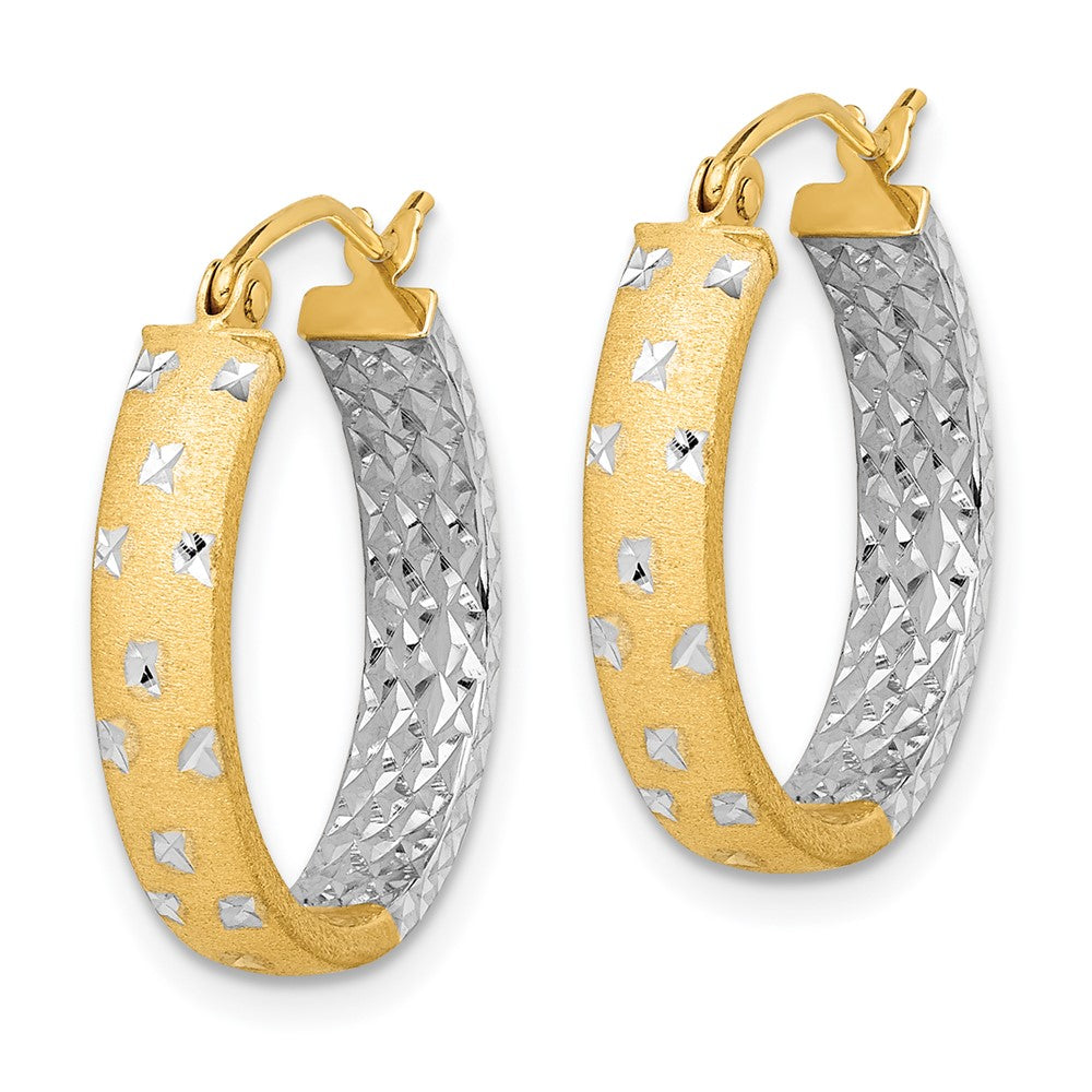14k Yellow & Rhodium 4 mm Satin Polished Diamond-cut In/Out Hoop Earrings (1.82 grams)