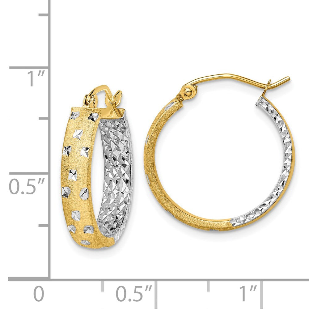 14k Yellow & Rhodium 4 mm Satin Polished Diamond-cut In/Out Hoop Earrings (1.82 grams)