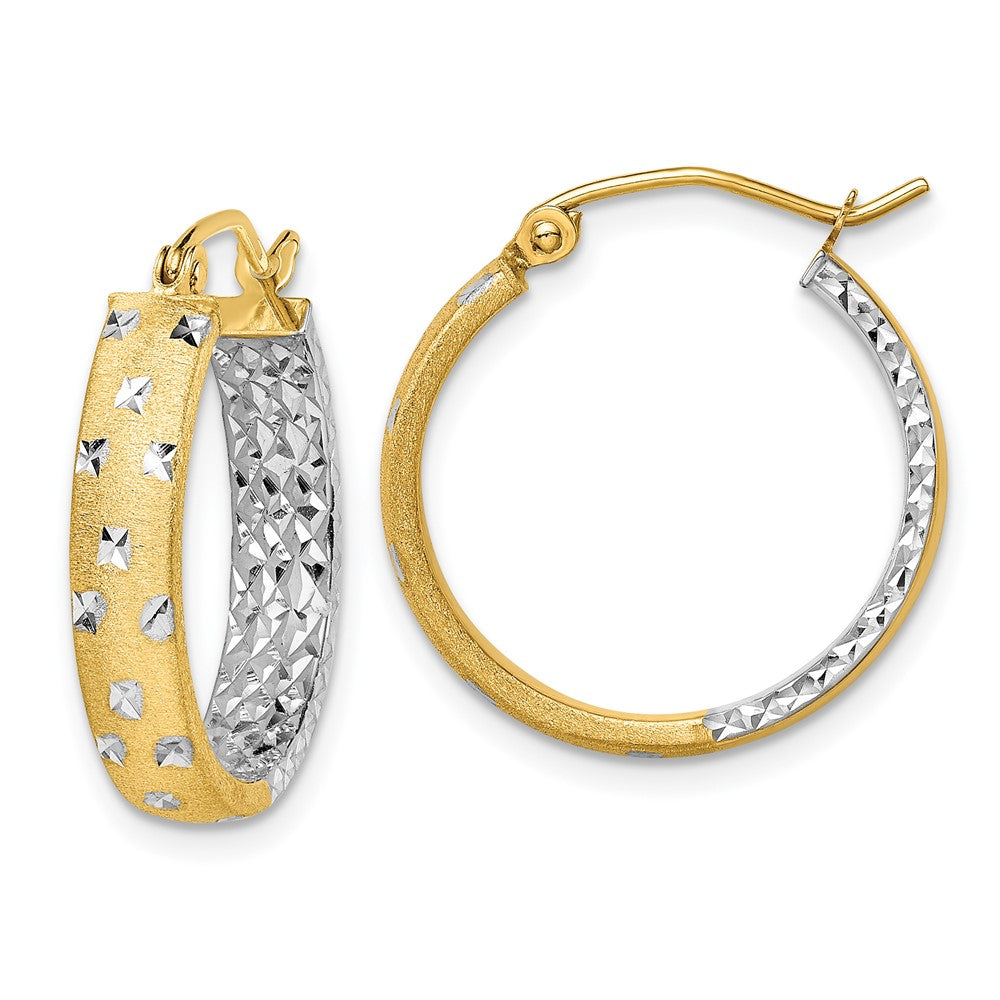 14k Yellow & Rhodium 4 mm Satin Polished Diamond-cut In/Out Hoop Earrings (1.82 grams)