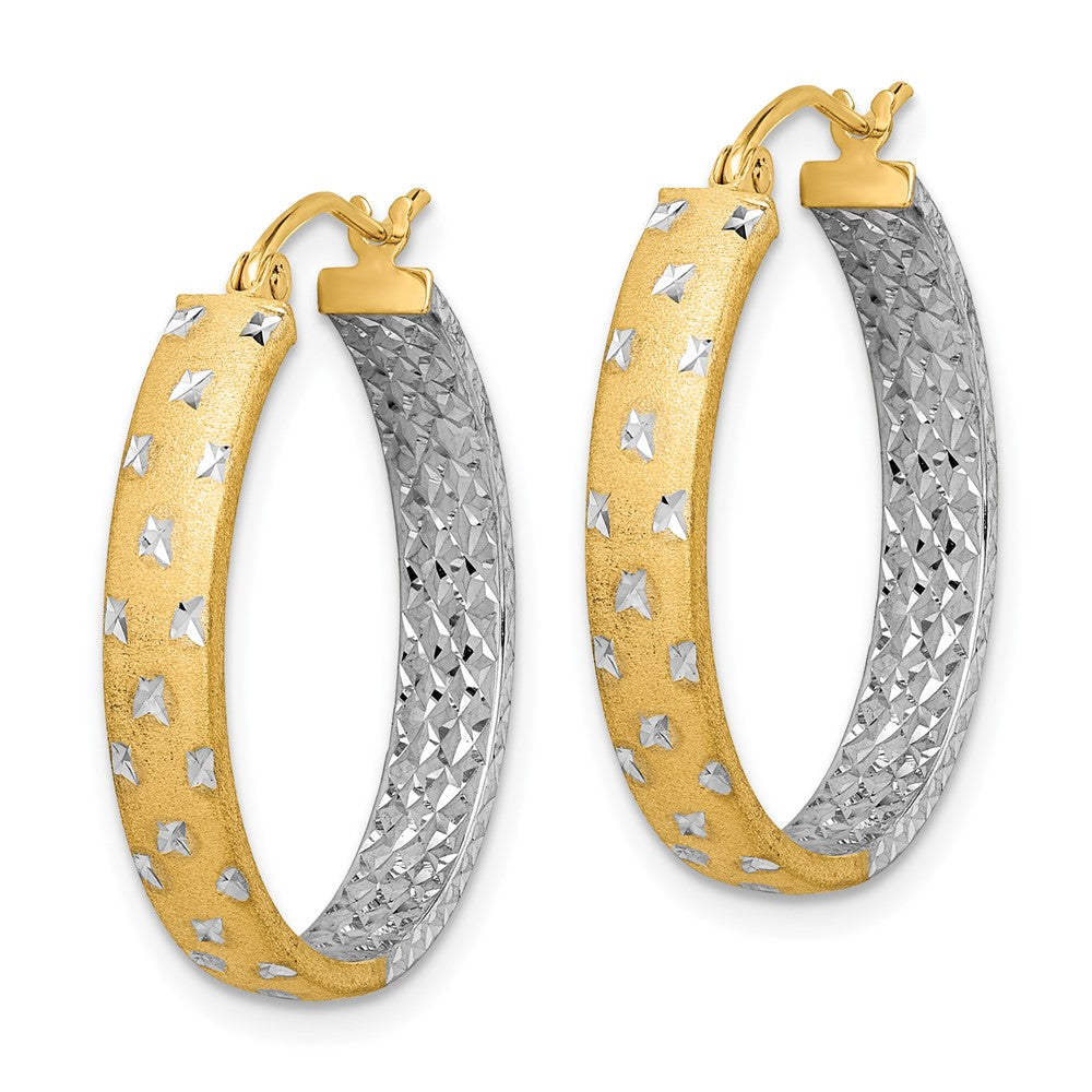 14k Yellow & Rhodium 4 mm Polished Satin Diamond-cut In/Out Hoop Earrings (2.28 grams)