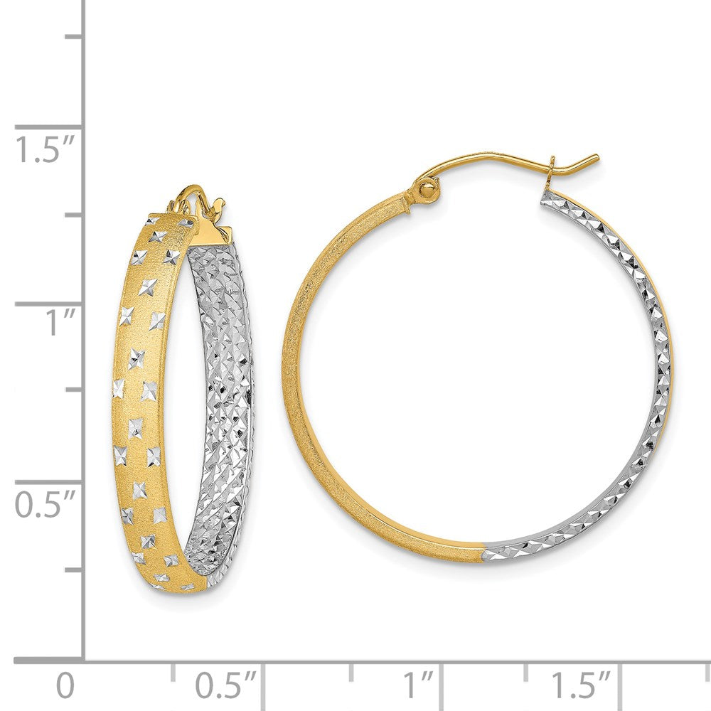 14k Yellow & Rhodium 4 mm Polished Satin Diamond-cut In/Out Hoop Earrings (2.81 grams)