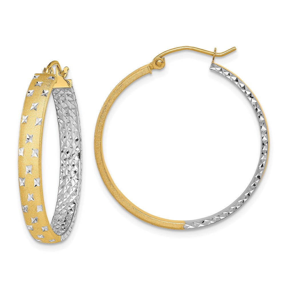 14k Yellow & Rhodium 4 mm Polished Satin Diamond-cut In/Out Hoop Earrings (2.81 grams)