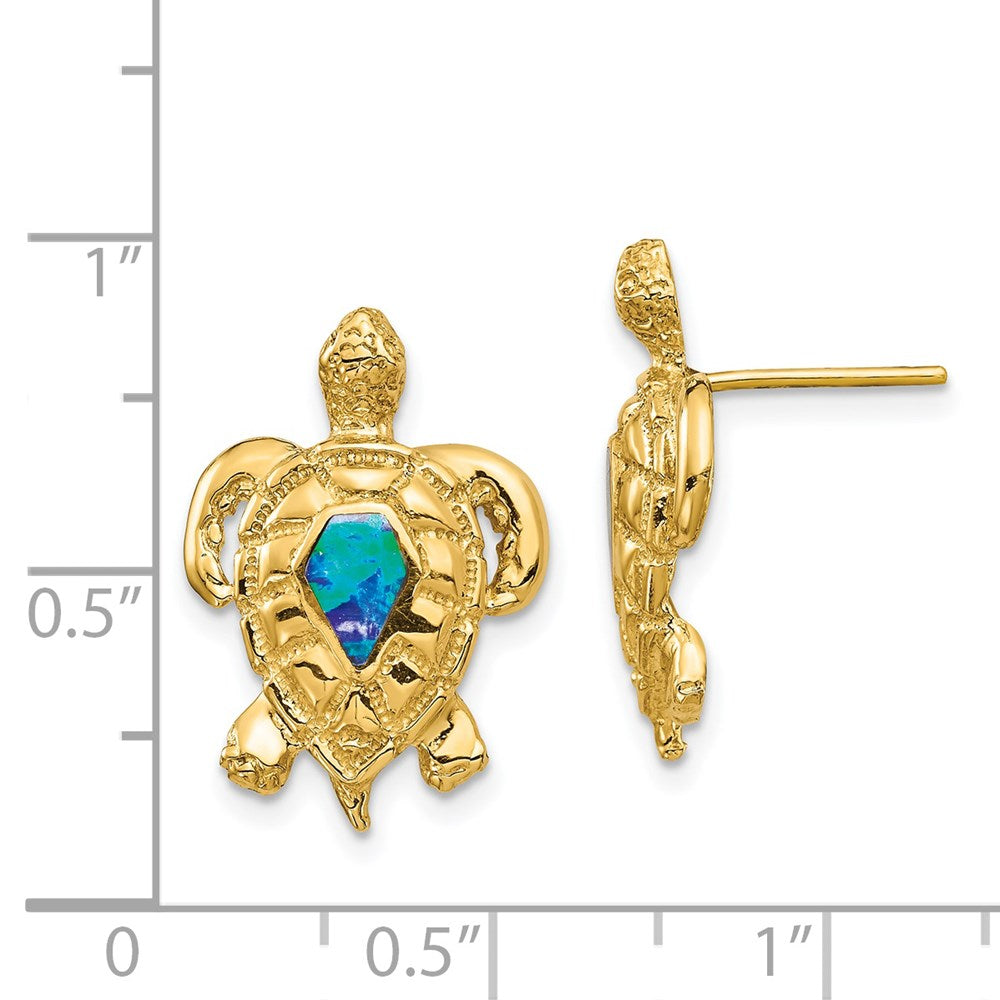 14k Yellow Gold 13.93 mm Created Opal Turtle Post Earrings (3.35 grams)