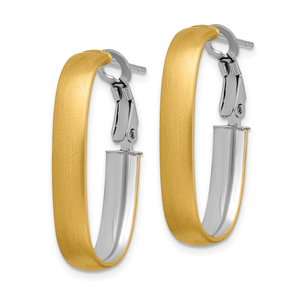 14k Yellow & Rhodium 15.7 mm Polished and Satin Oval Omega Back Hoop Earrings (2.82 grams)