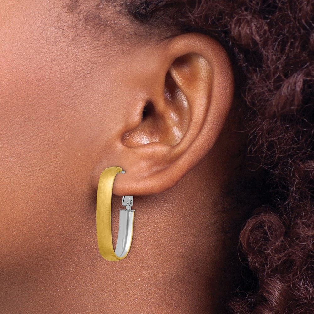 14k Yellow & Rhodium 15.7 mm Polished and Satin Oval Omega Back Hoop Earrings (2.82 grams)