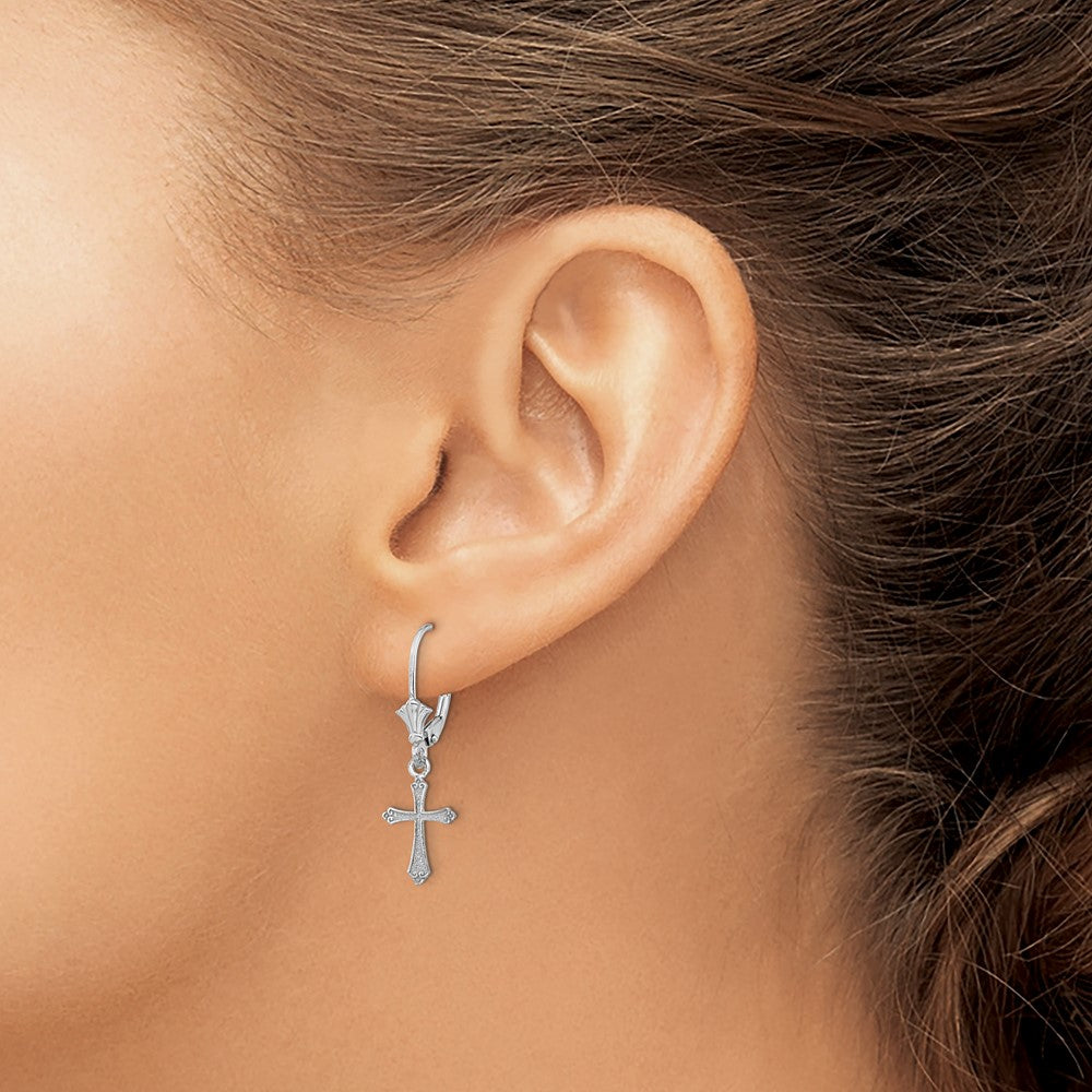 14k White Gold 8.95 mm Cross Leverback Earrings (0.97 grams)