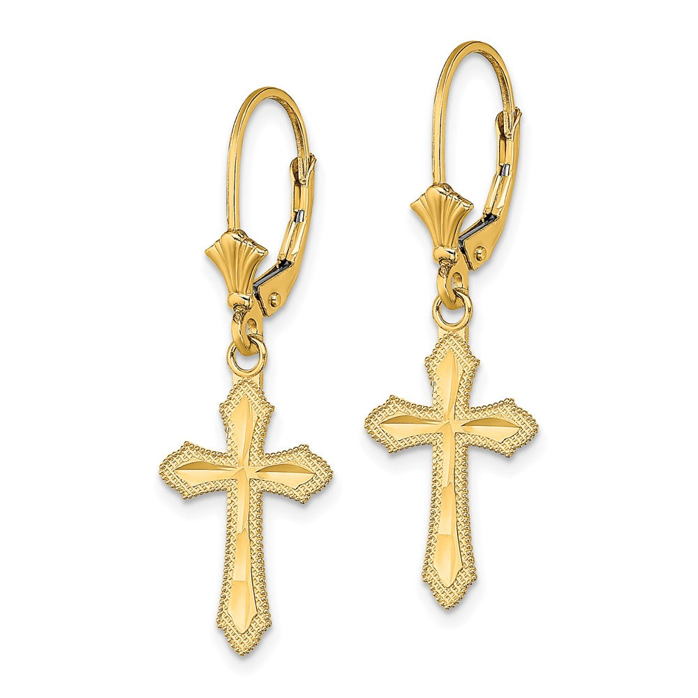 14k Yellow Gold 11.8 mm D/C Cross w/ Beaded Edge Leverback Earrings (1.55 grams)
