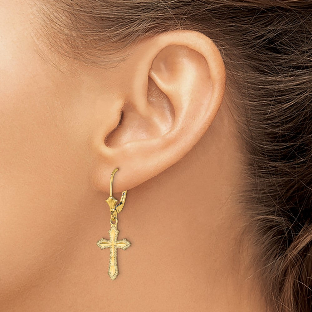 14k Yellow Gold 11.8 mm D/C Cross w/ Beaded Edge Leverback Earrings (1.55 grams)
