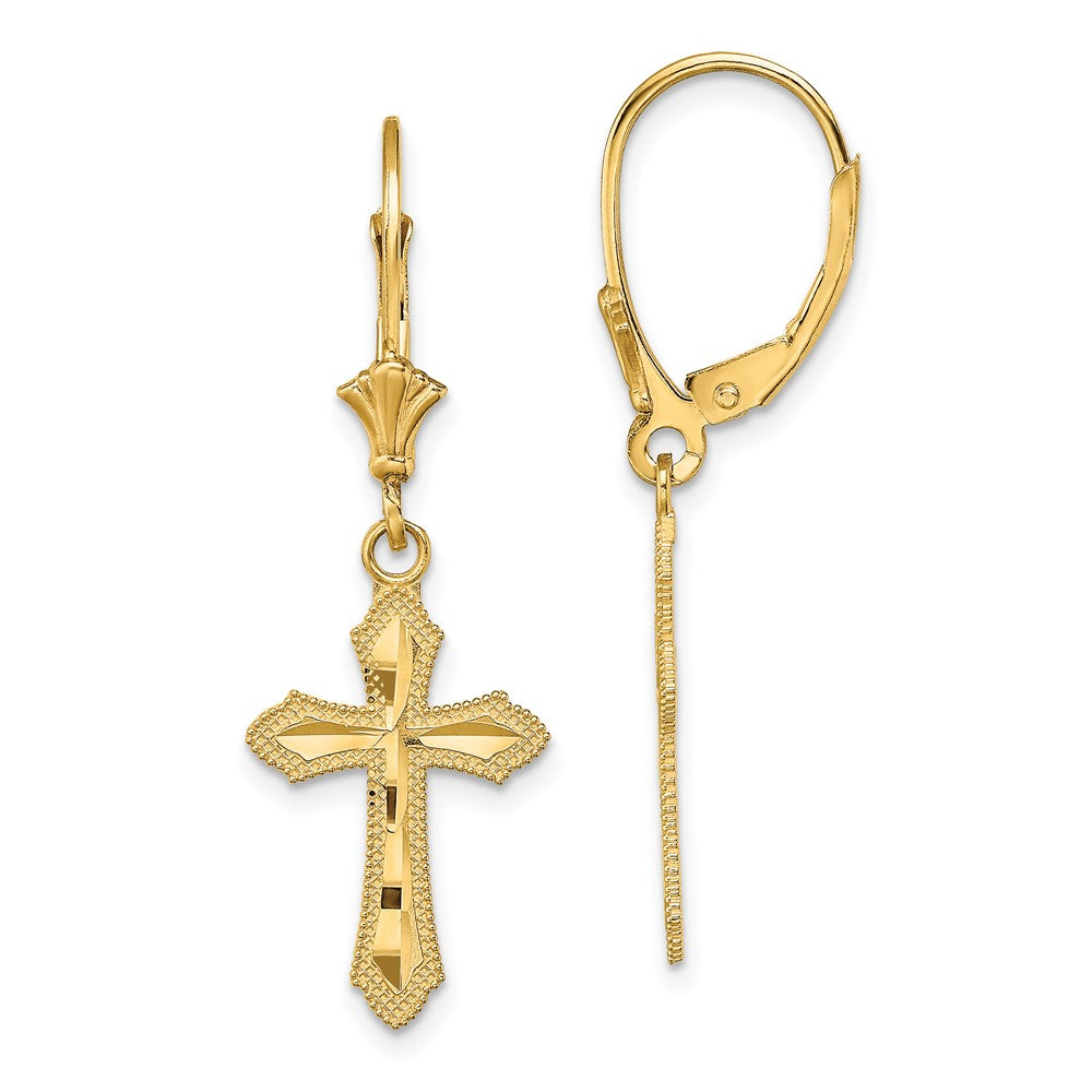 14k Yellow Gold 11.8 mm D/C Cross w/ Beaded Edge Leverback Earrings (1.55 grams)
