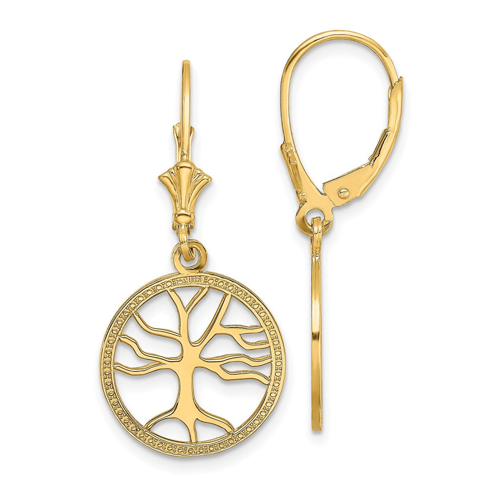 14k Yellow Gold 15 mm Tree of Life In Round Frame Leverback Earrings (2.21 grams)