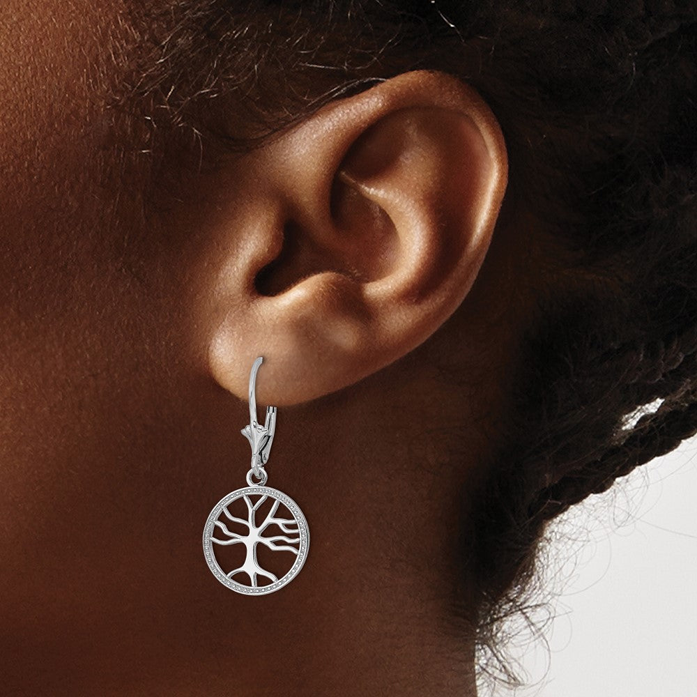14k White Gold 15 mm Tree of Life In Round Frame Leverback Earrings (2.2 grams)