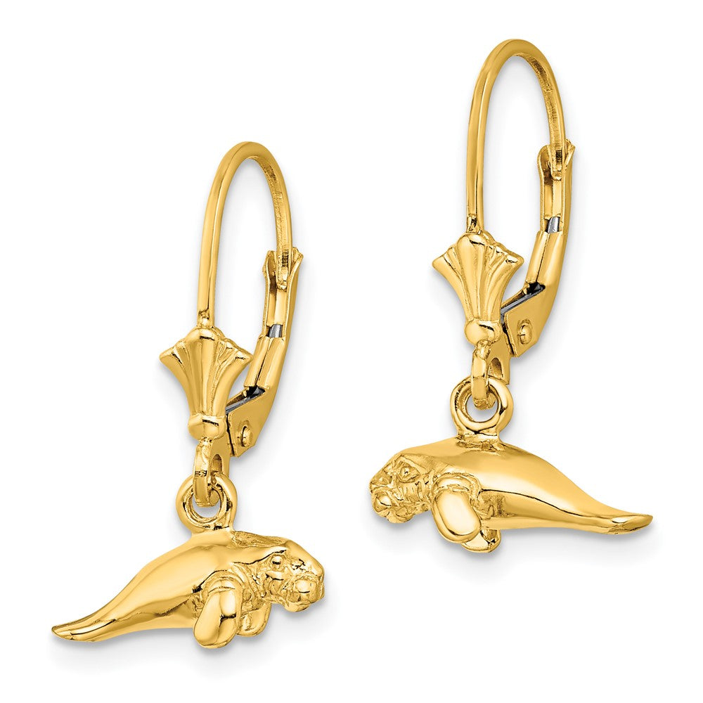 14k Yellow Gold 12.75 mm 3-D Polished Mini Manatee Leverback Earrings (2.69 grams)