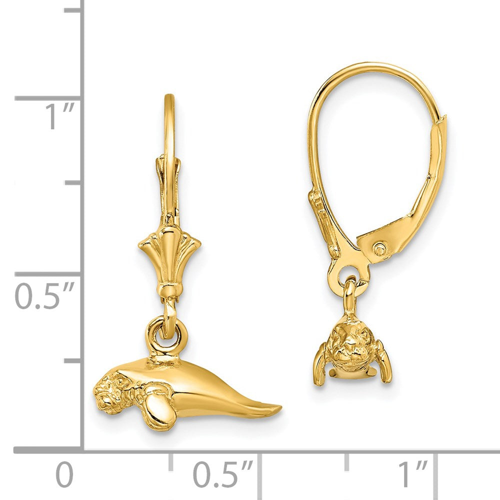 14k Yellow Gold 12.75 mm 3-D Polished Mini Manatee Leverback Earrings (2.69 grams)