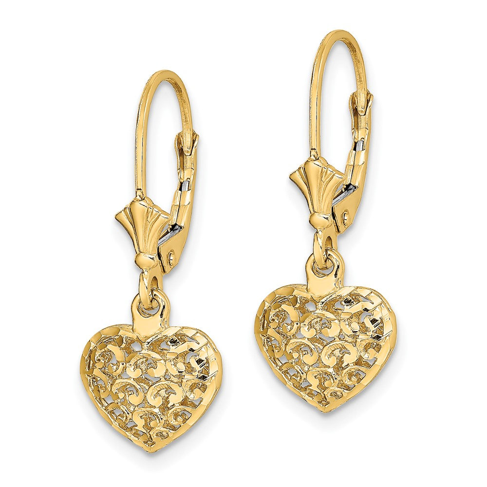 14k Yellow Gold 21.2 mm Diamond-cut Mini Puffed Heart Leverback Earrings (1.86 grams)